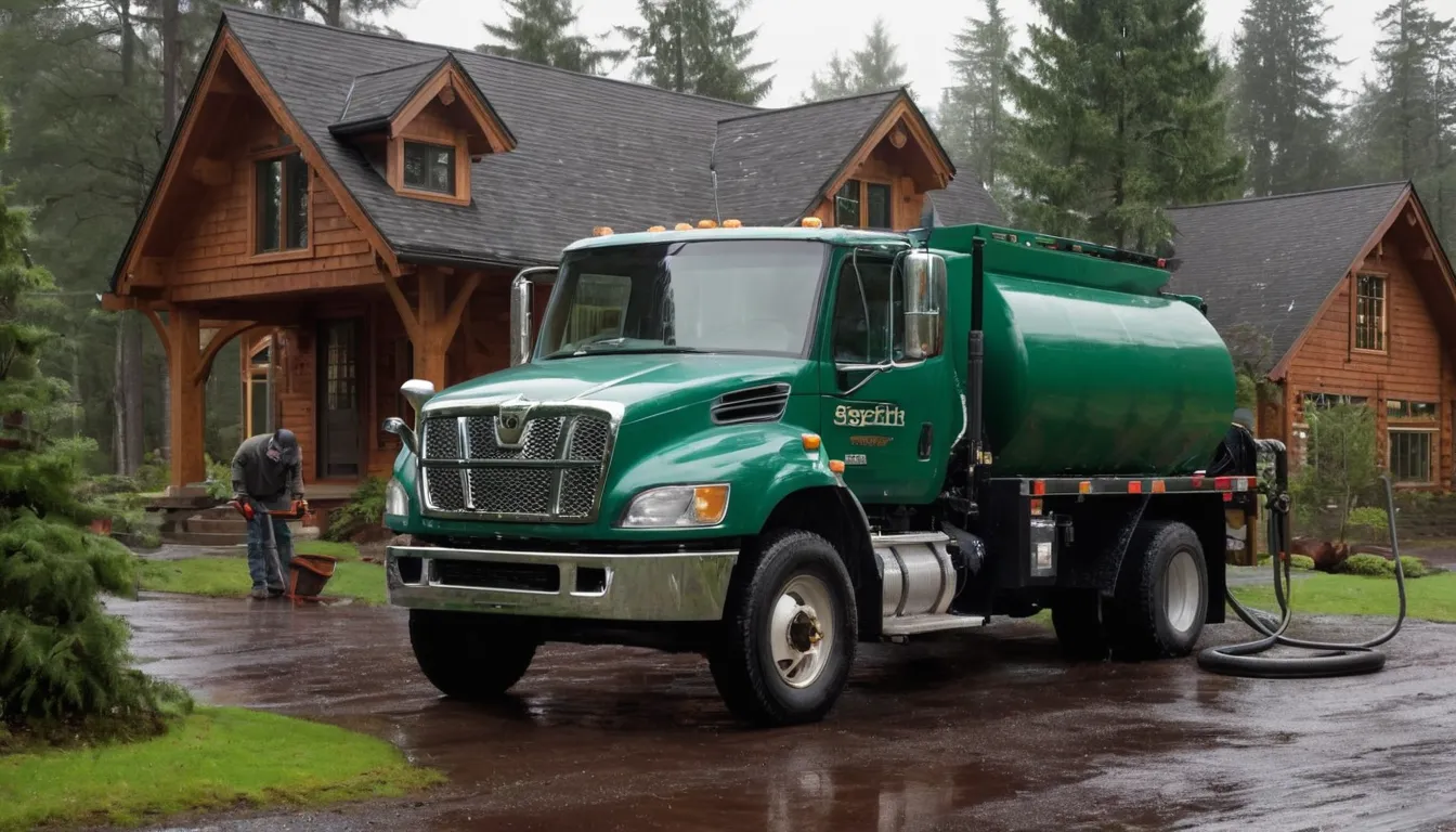 A septic provider's truck parked beside a tidy home in DuPont on a damp, green morning