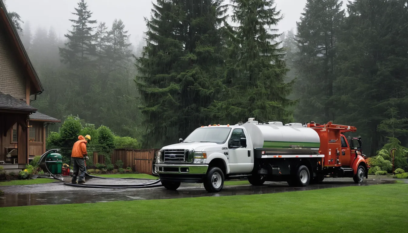 A septic pumping truck parked beside a wood-frame home in the DuPont area on a damp, overcast day
